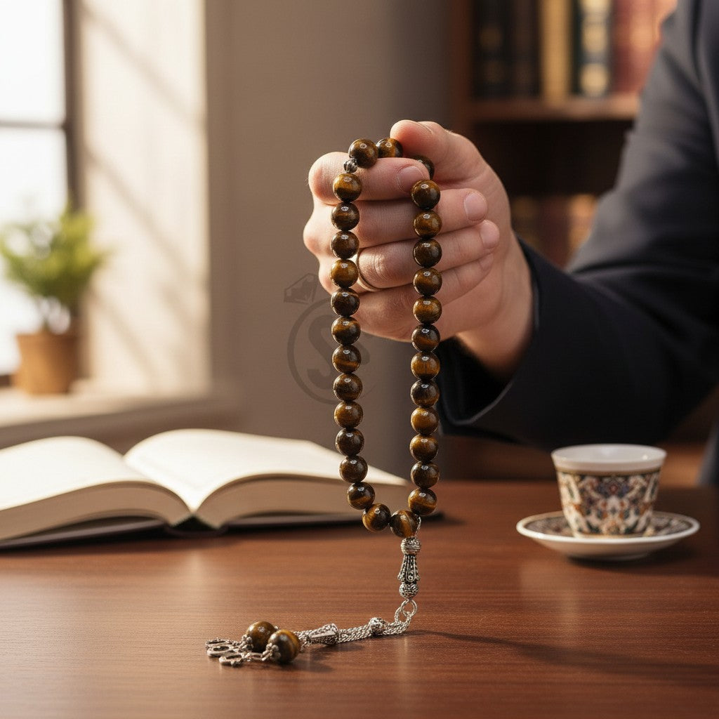 SilverStones.Pk Real Tiger Stones Tasbeeh with golden-brown striped beads and silver tassel for prayer and meditation.