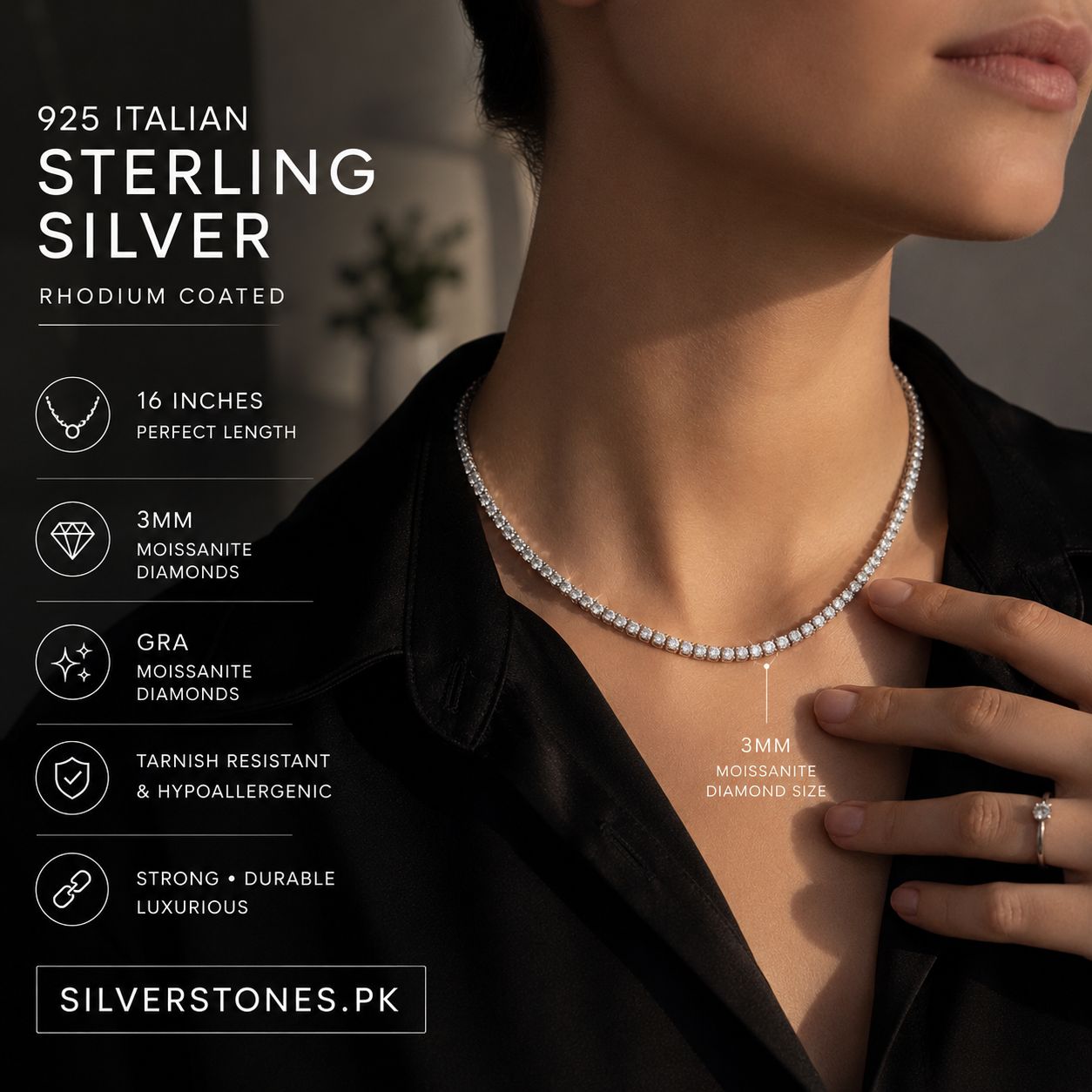 Rhodium coated moissanite diamond chain