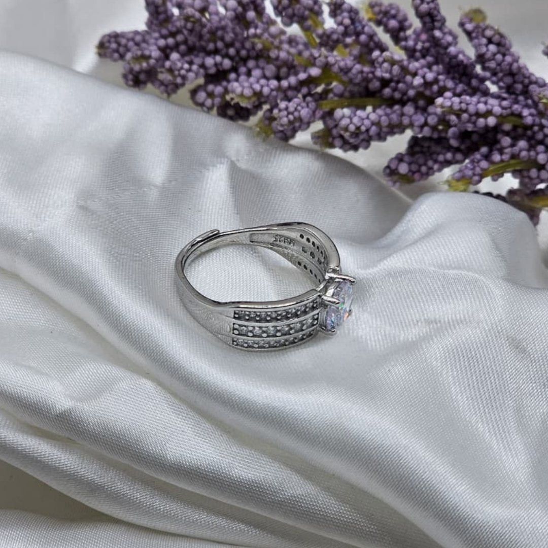 Italian Silver Adjustable Ring – 925 Sterling Silver with White Zircons
