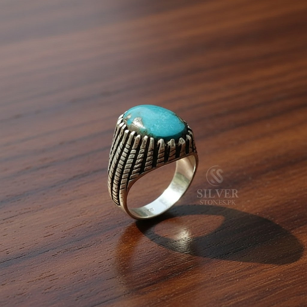 Man wearing Shajri Irani Feroza black polish Turkish Ottoman silver ring Silverstones Pakistan