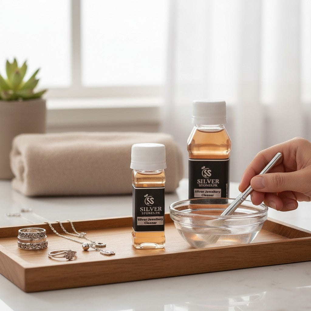 Silver jewelry cleaner liquid 50ml and 100ml bottles SilverStones.pk Pakistan home use