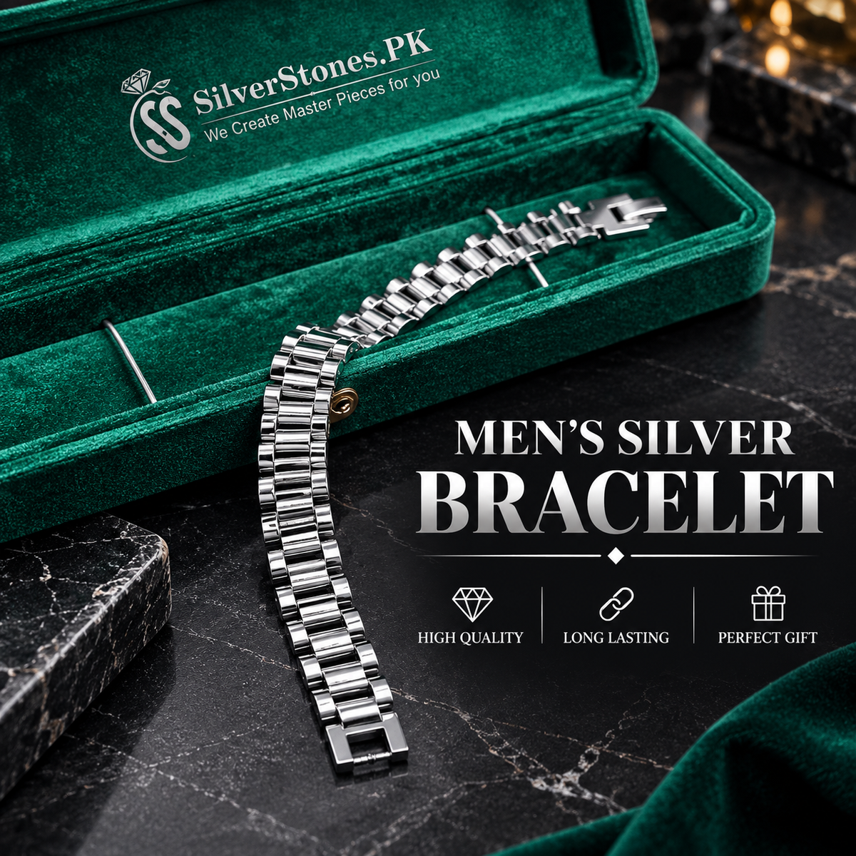 Silver linked men's bracelet worn on a wrist