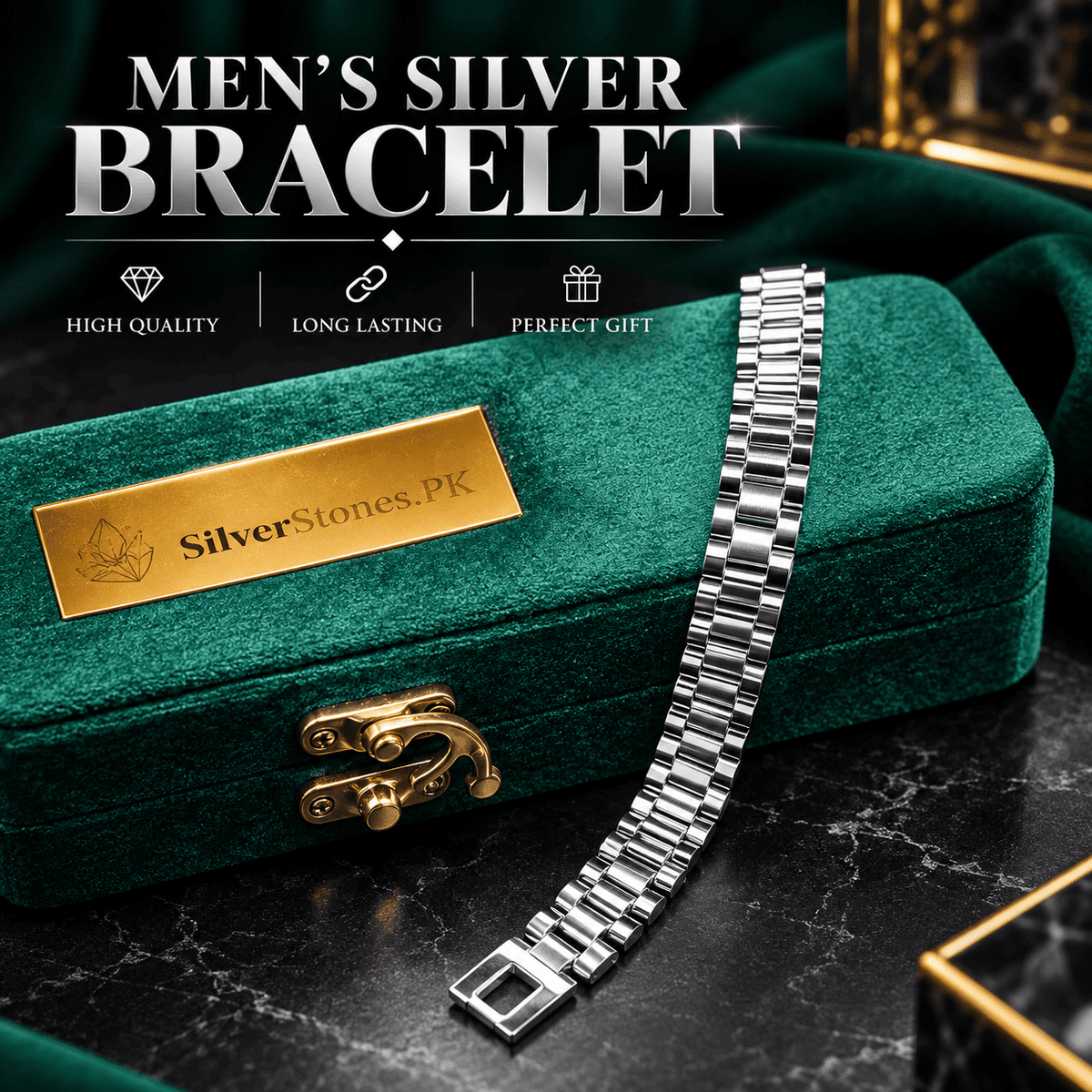 Silver stainless steel men's bracelet displayed in a green velvet gift box