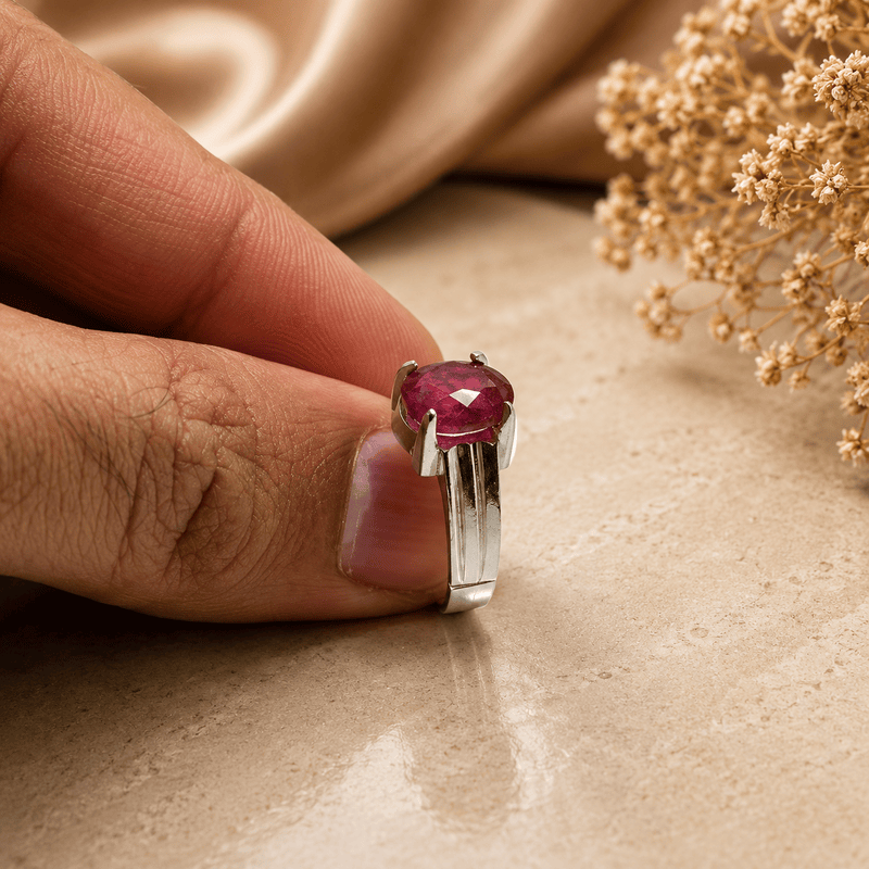 Stylish red ruby gemstone silver ring for men