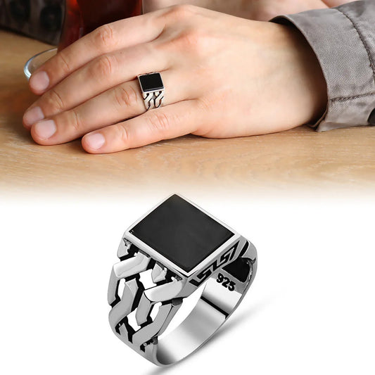 925 Sterling Silver Turkish Ring for Gents with Black Stones - Stylish and Sophisticated Jewelry Accessory