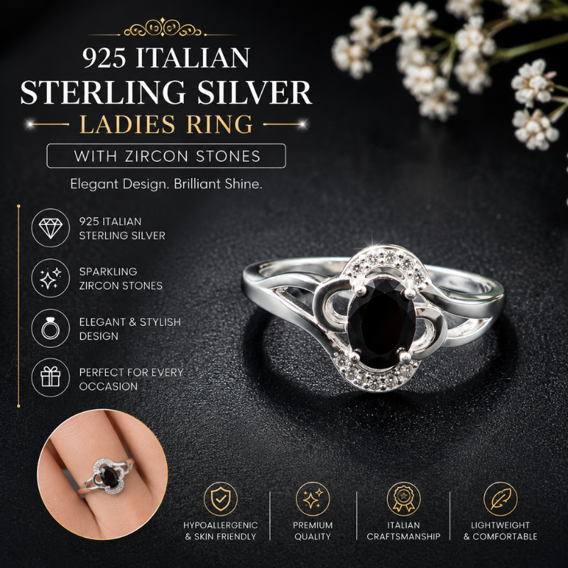 925 Sterling Silver Ladies Ring with Black Zircon Stones – Elegant Women's Ring
