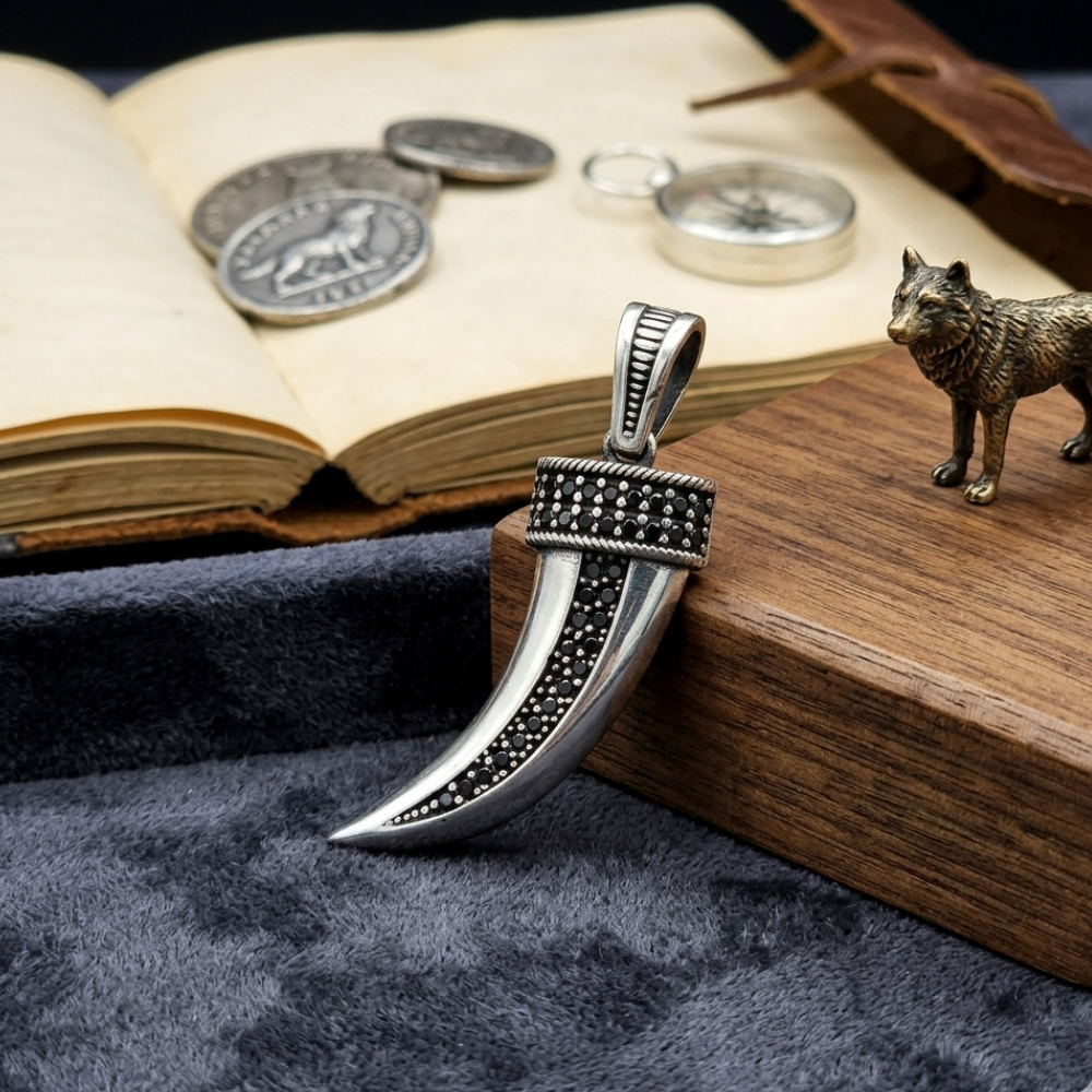 925 Sterling Silver Turkish Pendant for Gents with Black Zircon Stones