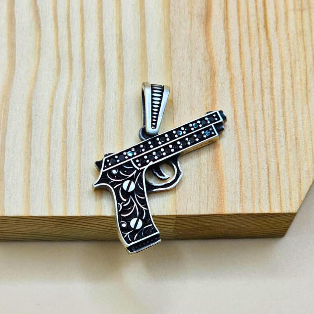 925 Sterling Silver Turkish Pendant for Gents with Black Zircon Stones