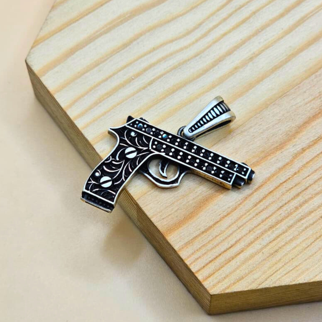 925 Sterling Silver Turkish Pendant for Gents with Black Zircon Stones