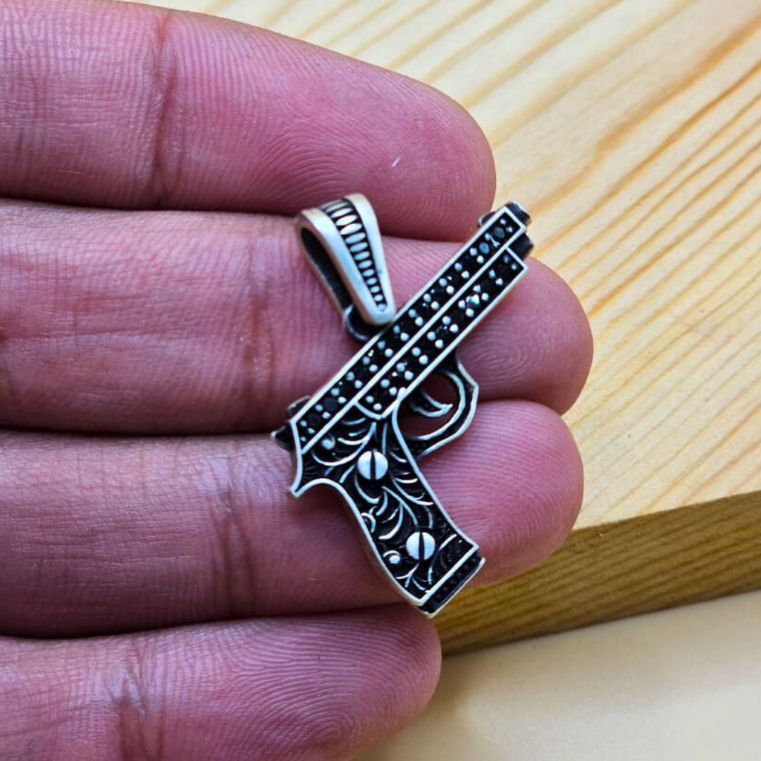 925 Sterling Silver Turkish Pendant for Gents with Black Zircon Stones