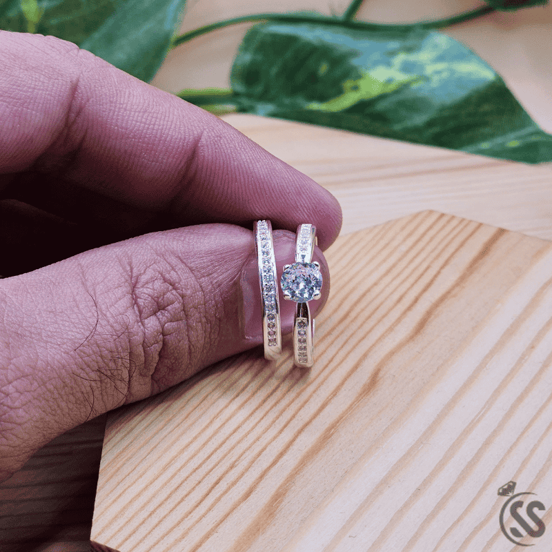 Italian 925 Silver Ladies Pair Rings with White Zircons