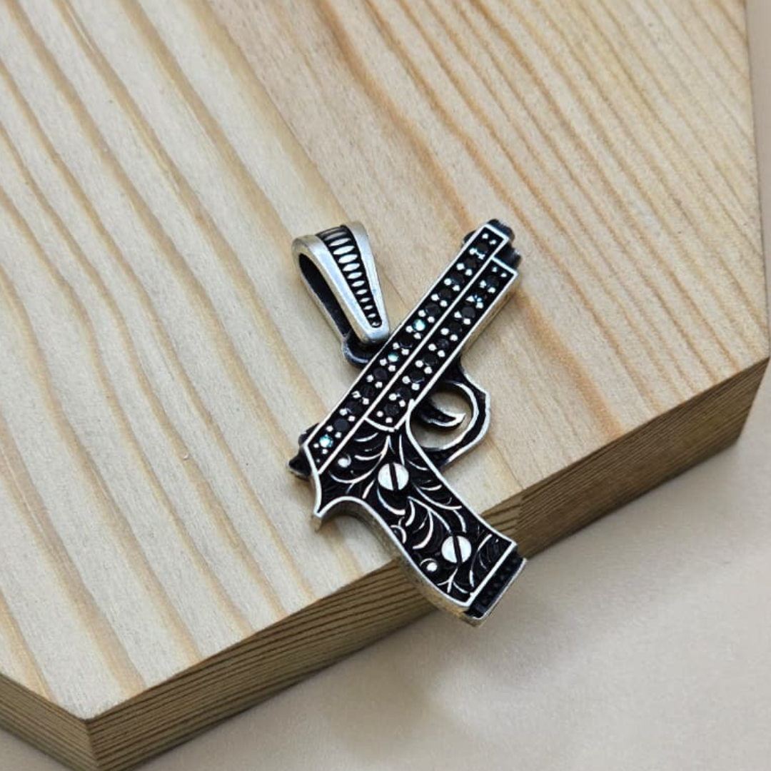 925 Sterling Silver Turkish Pendant for Gents with Black Zircon Stones