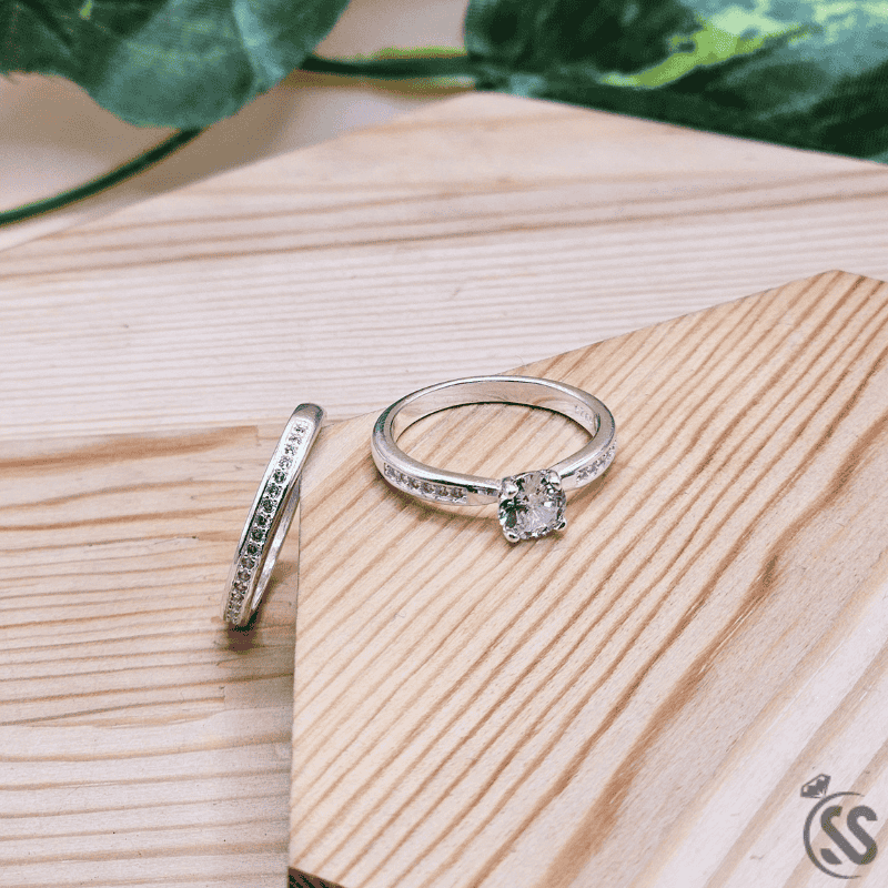 Italian 925 Silver Ladies Pair Rings with White Zircons