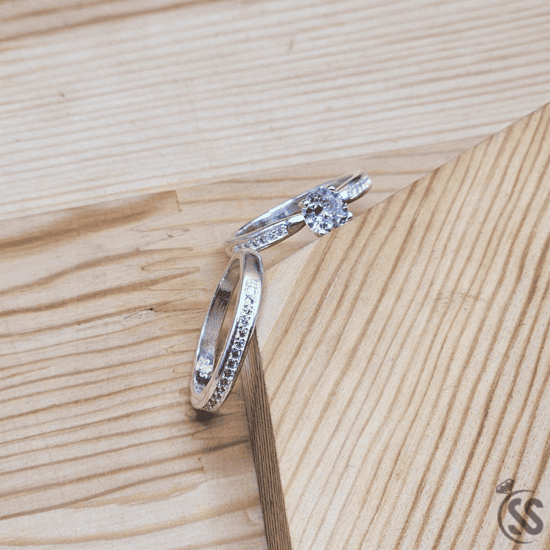 Italian 925 Silver Ladies Pair Rings with White Zircons