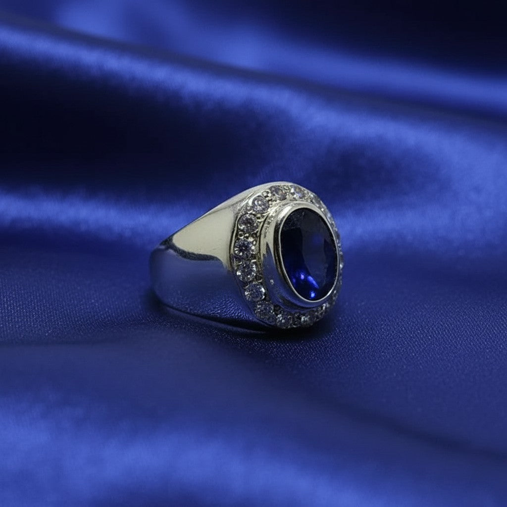 White zircon halo setting 6-7 carat African blue sapphire handmade silver ring men Pakistan