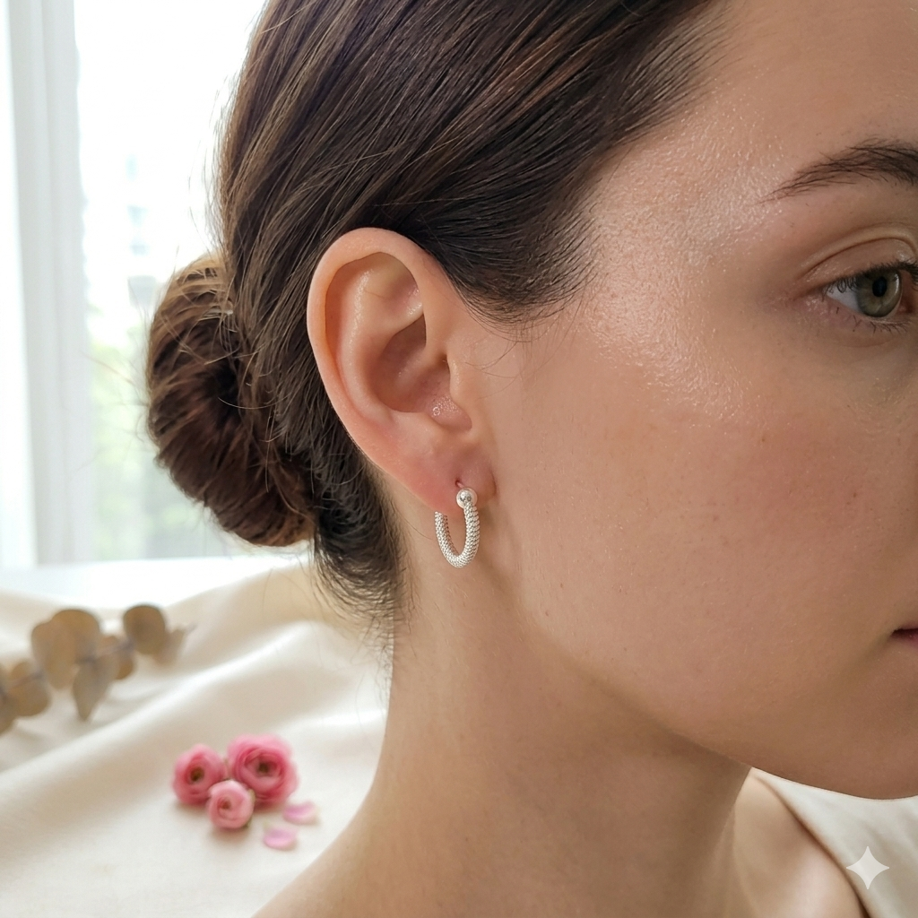Woman wearing 15mm twisted pure silver hoop earrings everyday wear Silverstones Pakistan