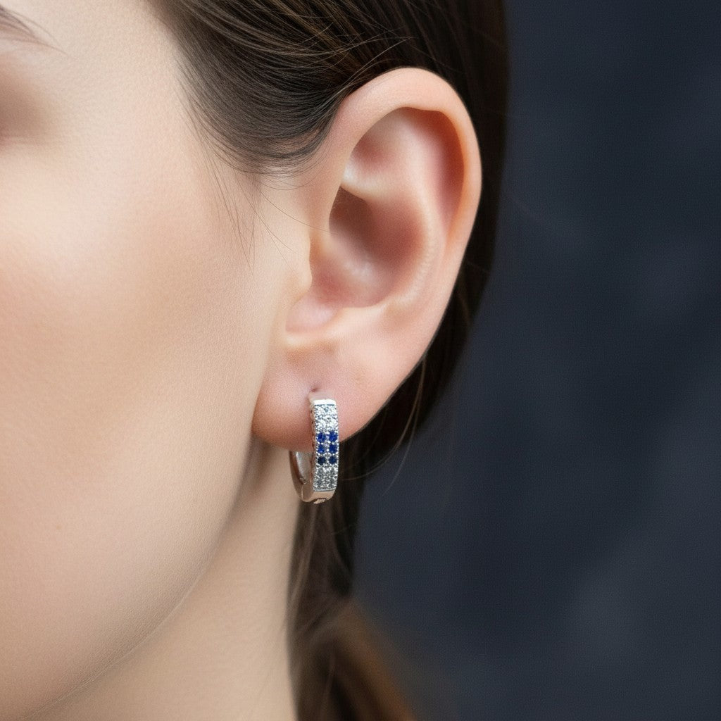 Woman wearing 925 Italian silver round multicolor zircon hoop earrings 15mm Silverstones Pakistan