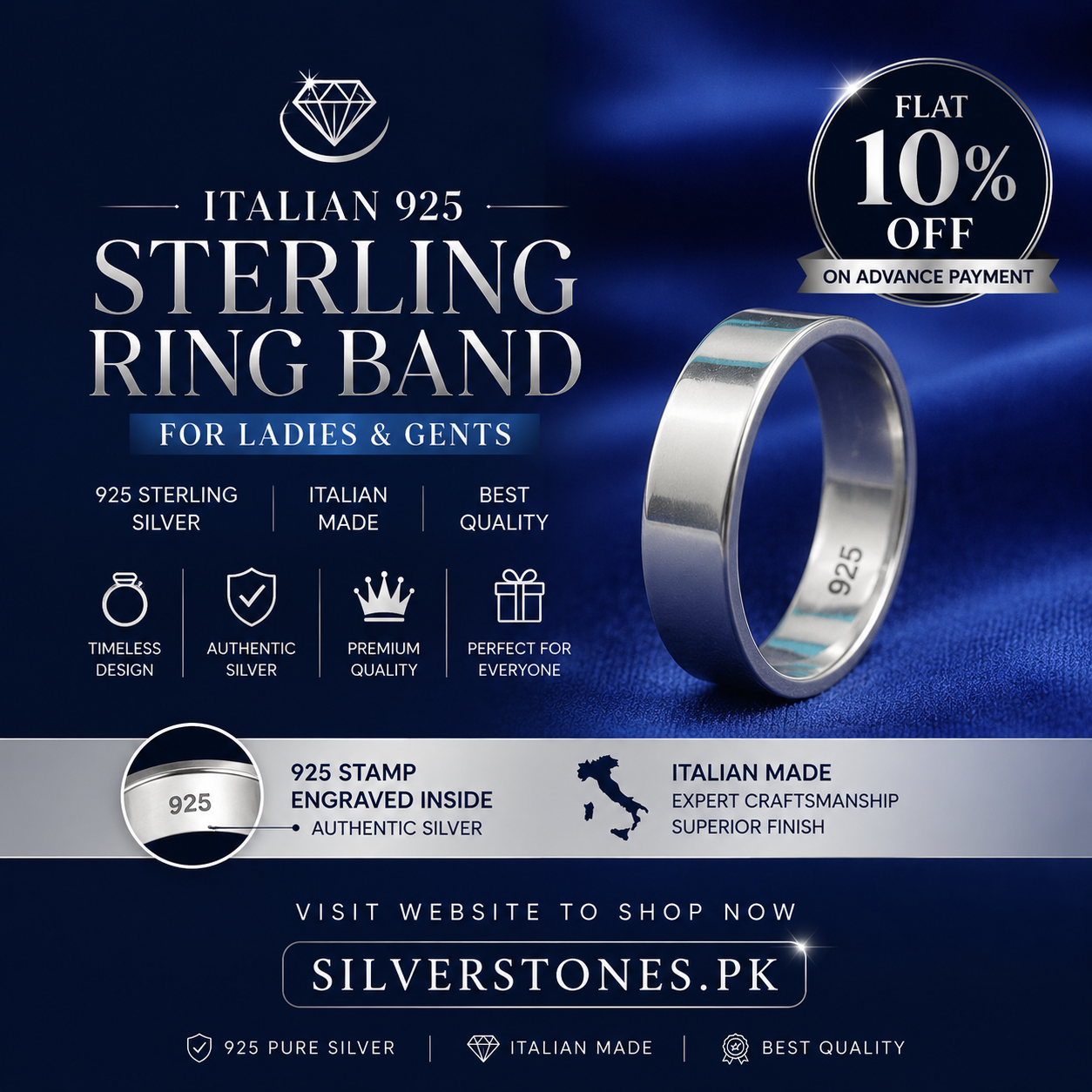 italian 925 sterling silver ring band for ladies and gents 