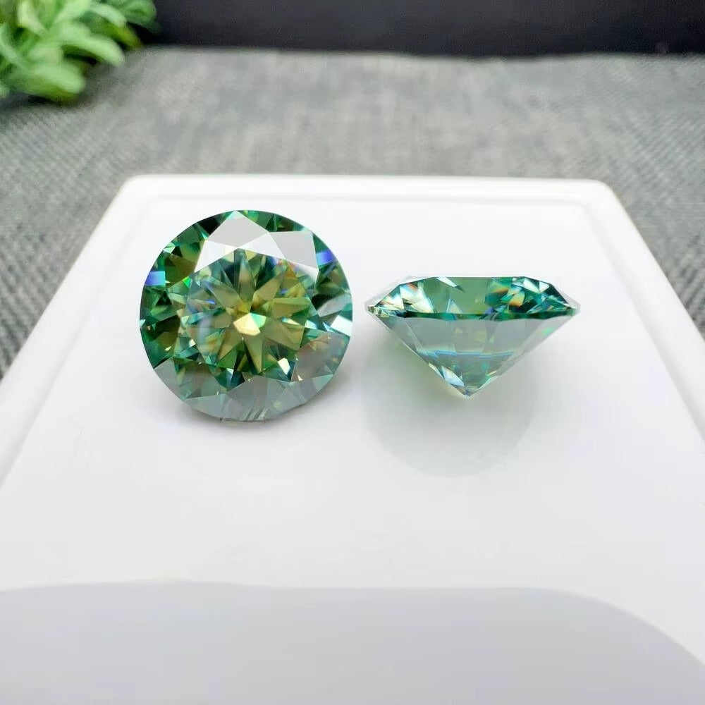 Two stunning Green Moissanite Diamonds showcasing exceptional brilliance and sparkle.