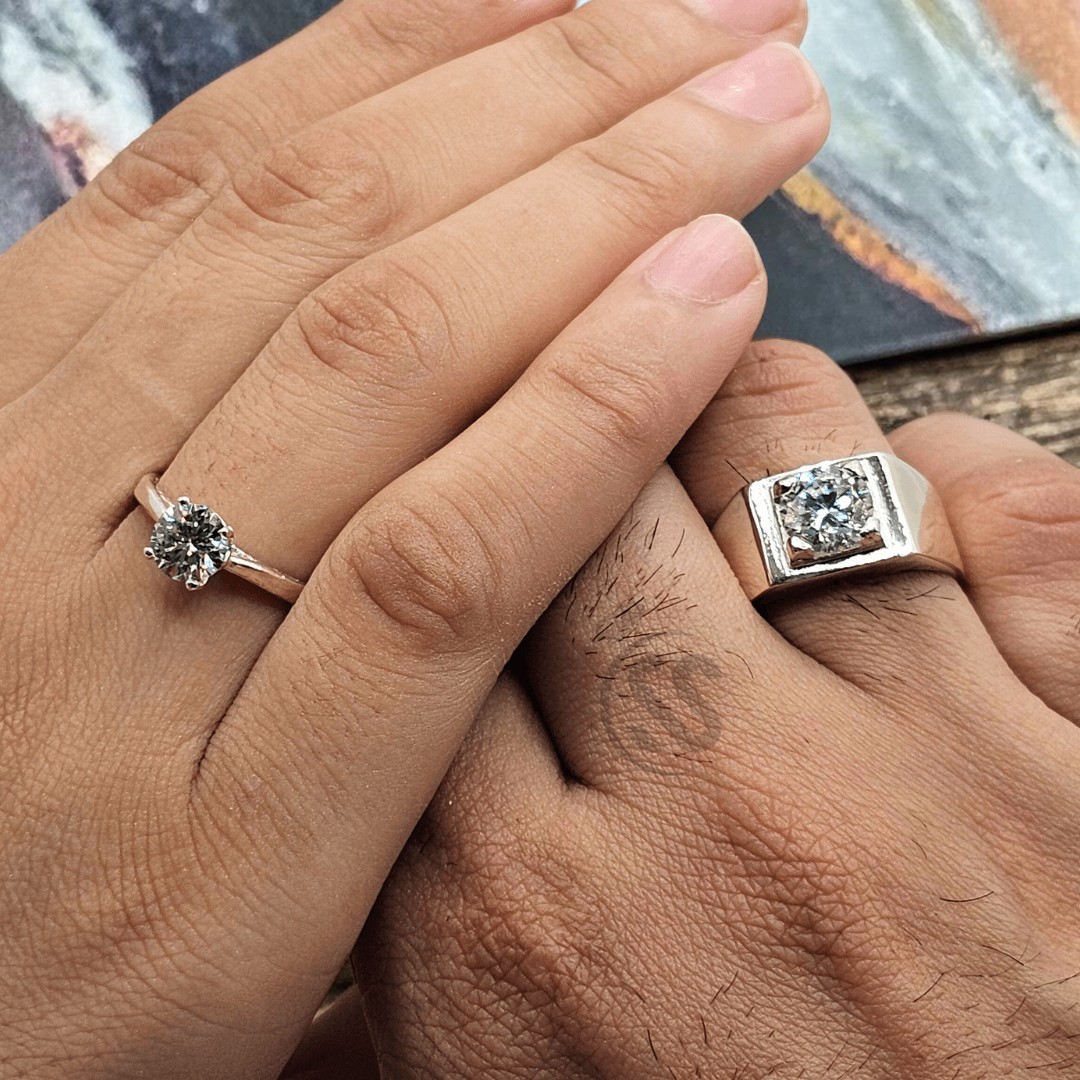 Silver Couple Rings with Moissanite Diamonds
