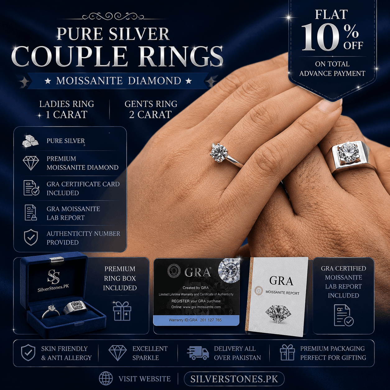 Moissanite Diamond Couple Rings |Silver| 1 Carat Ladies & 2 Carat Gents |GRA Certificates
