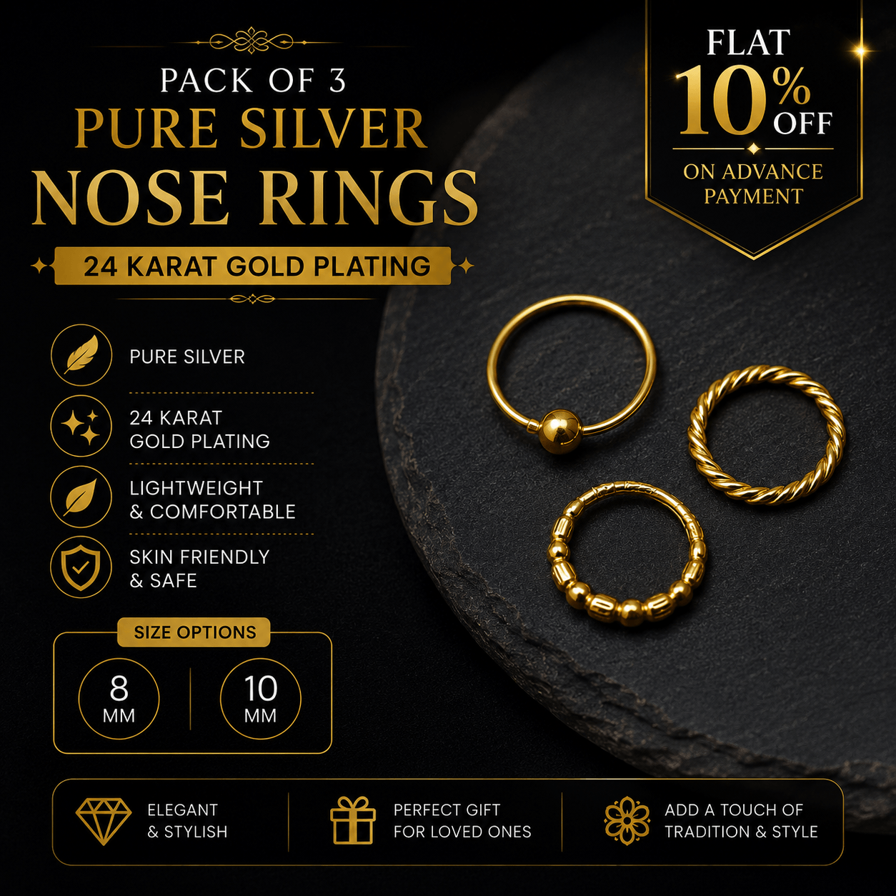 Pack of 3 Pure Silver Nose Rings – 24K Gold Plated