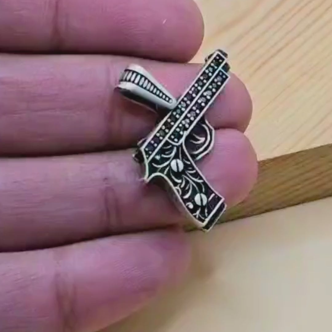 925 Sterling Silver Turkish Pendant for Gents with Black Zircon Stones