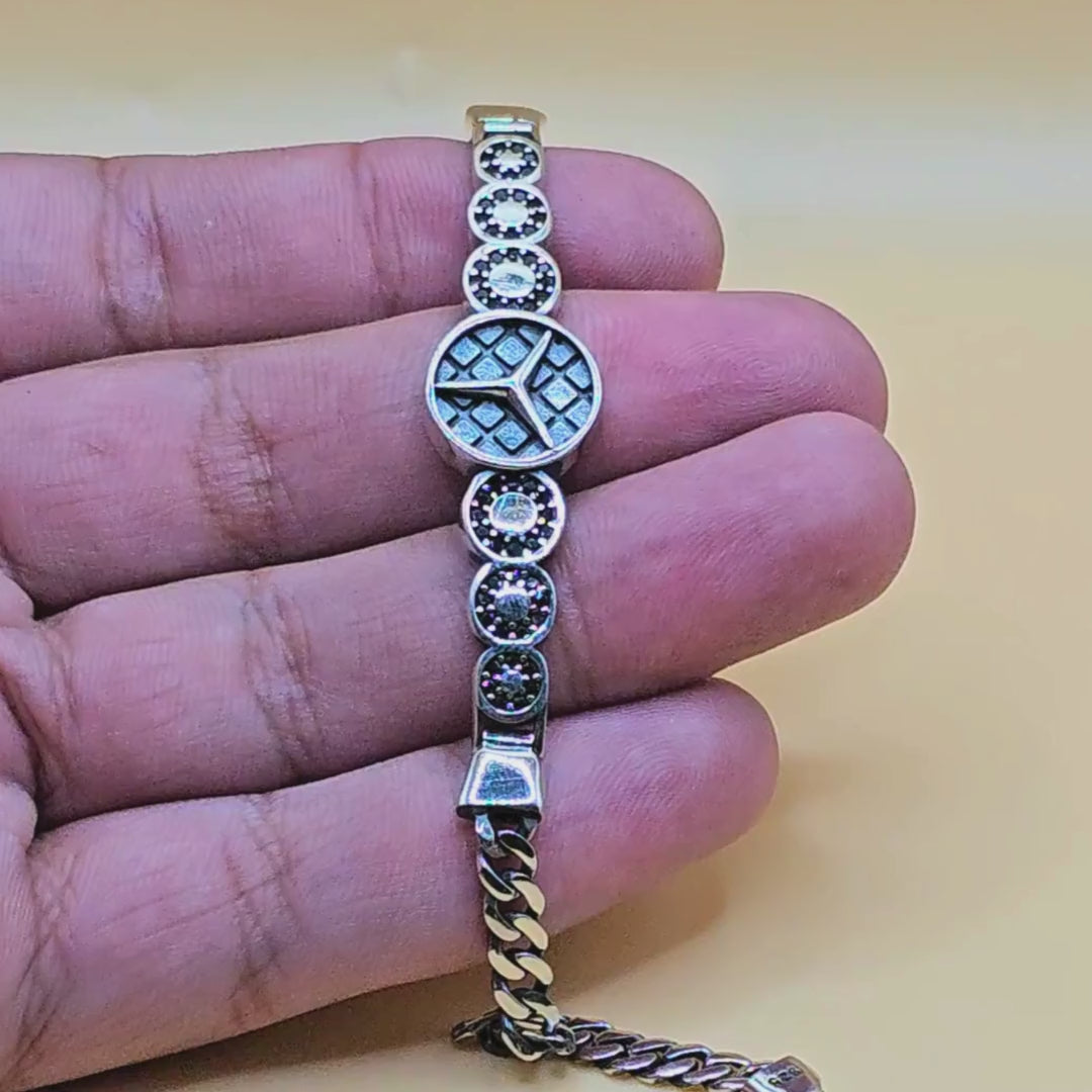 Turkish Silver 925 gents bracelet in Mercedes logo style with black zircons, showcased on a hand.