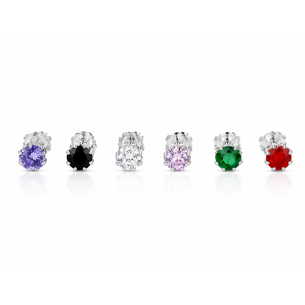 Pure Silver Nose Pins – 4mm & 2mm Zircon Stones – Multi Color Nose Studs for Girls