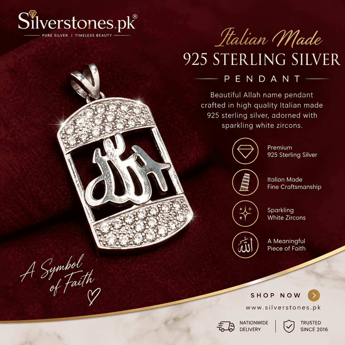 925 Silver Italian Allah Name Pendant