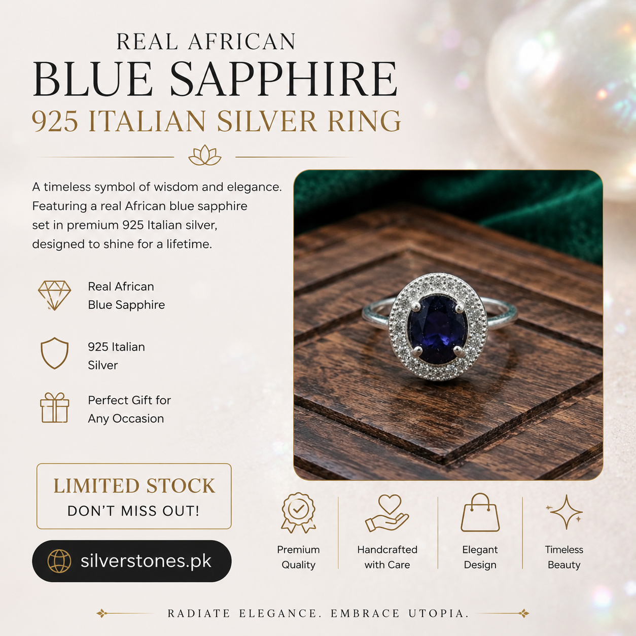 2 Carat African Blue Sapphire Ring | 925 Italian Silver | White Zircons | Ladies