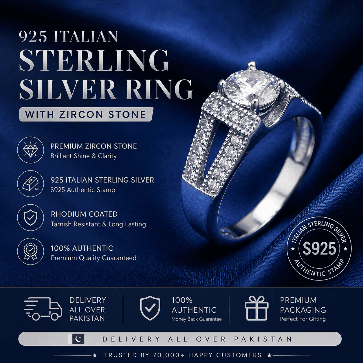 925 Italian Silver Ladies Ring with Zircons