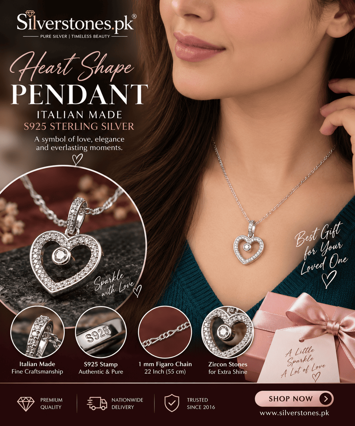 925 Italian Sterling Silver Heart Pendant for Girls — White Zircon | 1mm Figaro Chain 22 Inch
