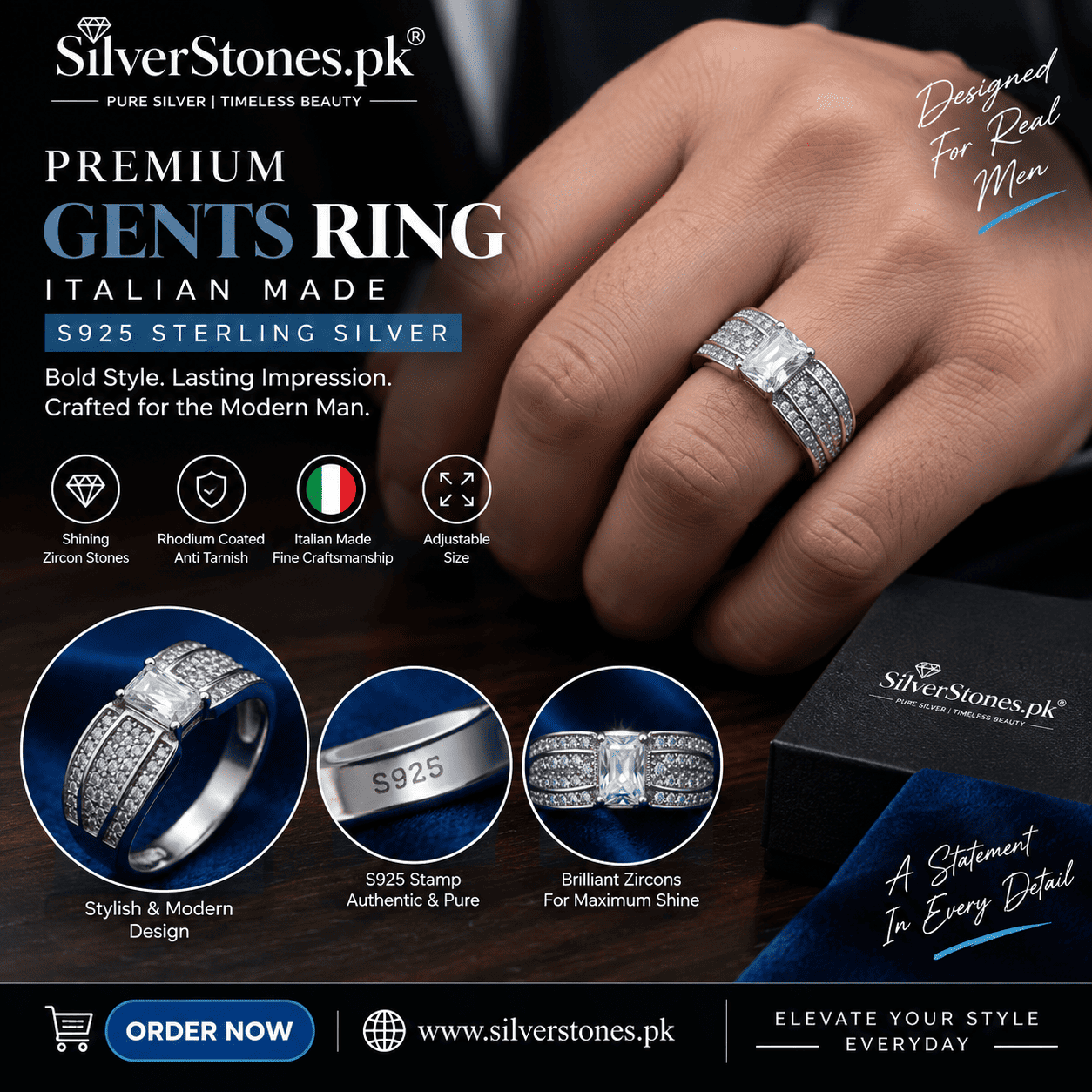 Italian Silver Adjustable Ring – 925 Sterling Silver with White Zircons