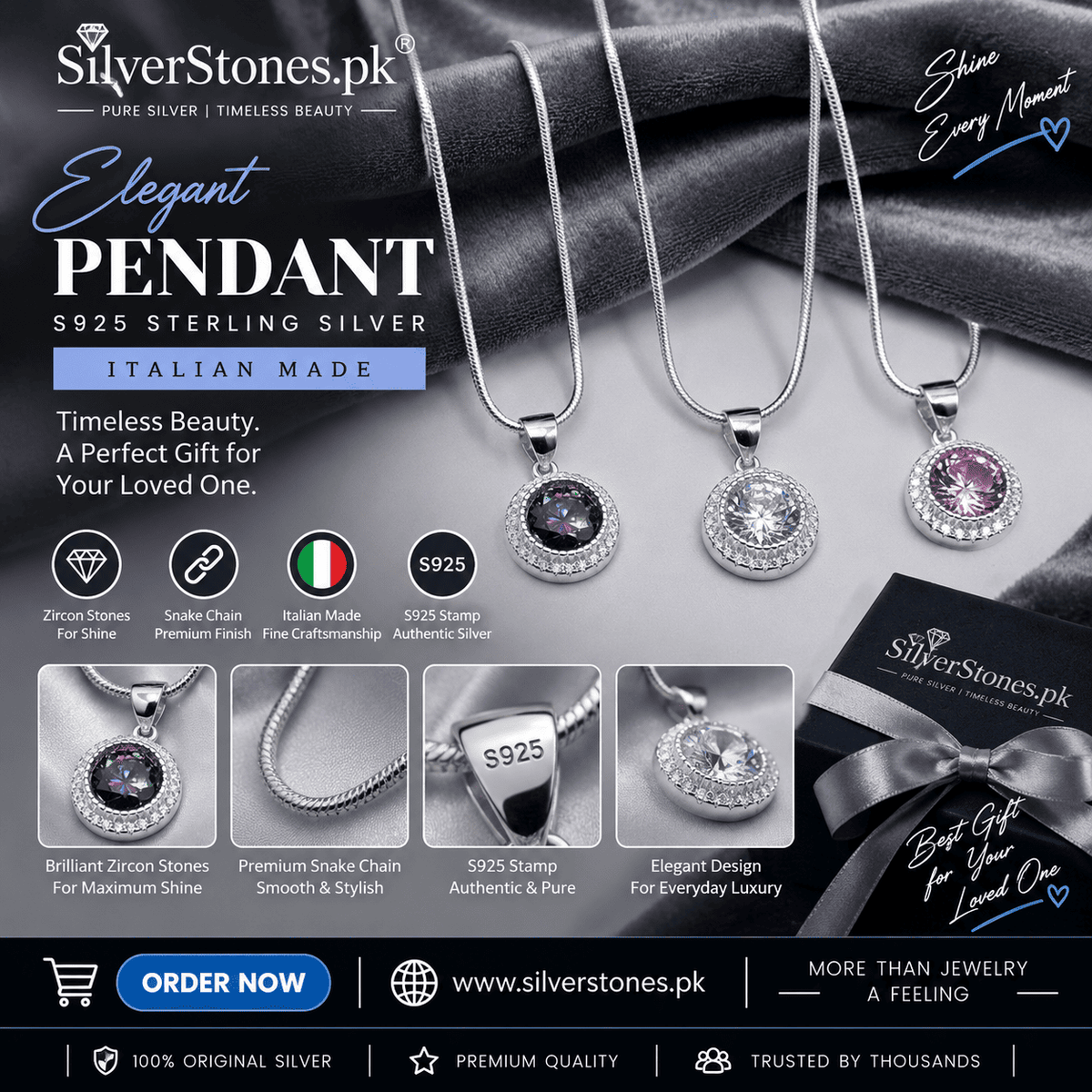 Italian Silver Chain with Pendant – 925 Sterling Silver