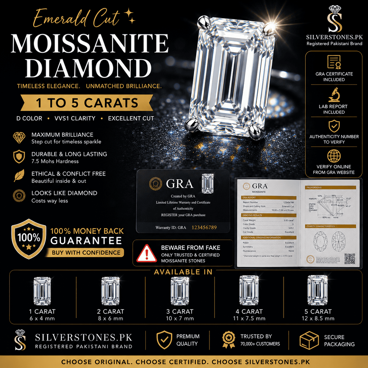 Emerald Shape GRA Moissanite Diamonds with Certificate