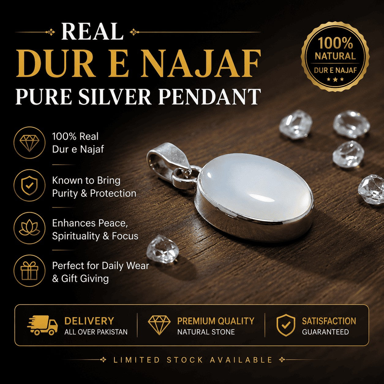 SilverStones.Pk handmade oval Dur e Najaf gemstone pendant set in polished silver on a wooden surface.