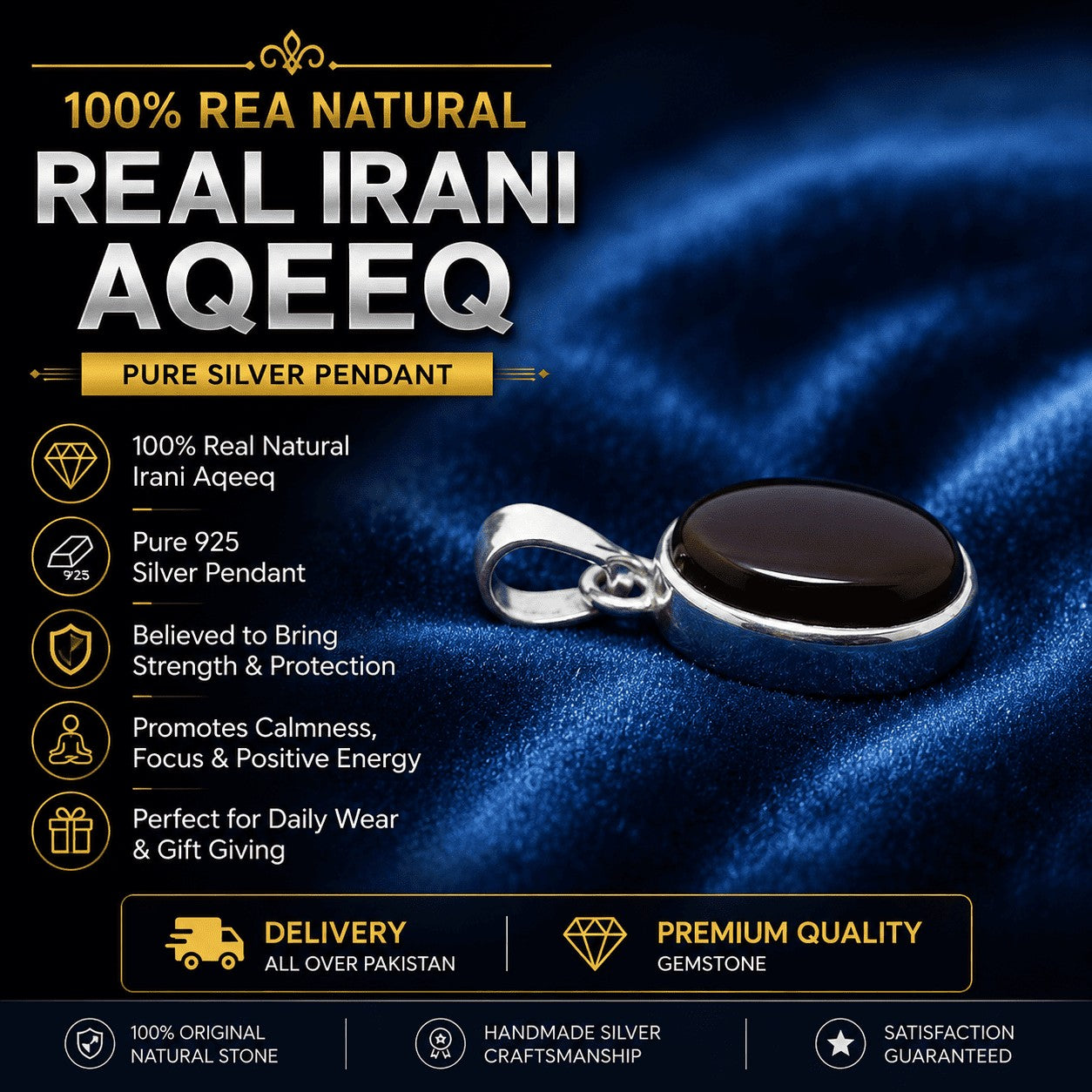 SilverStones.Pk natural black Irani Aqeeq stone set in a polished 925 sterling silver pendant on blue velvet.