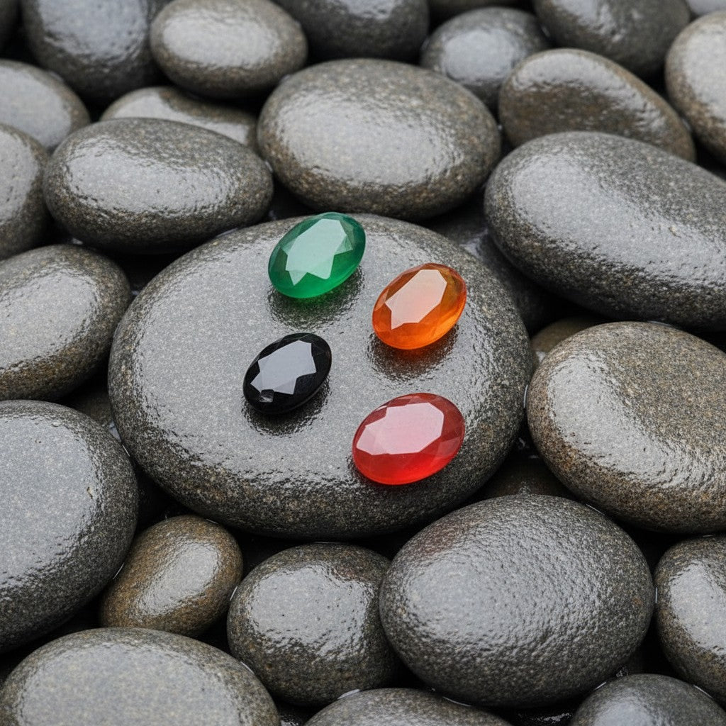 SilverStones.Pk Real Yamni Aqeeq stones in green, orange, black, and red. Oval cabochon cut gemstones.