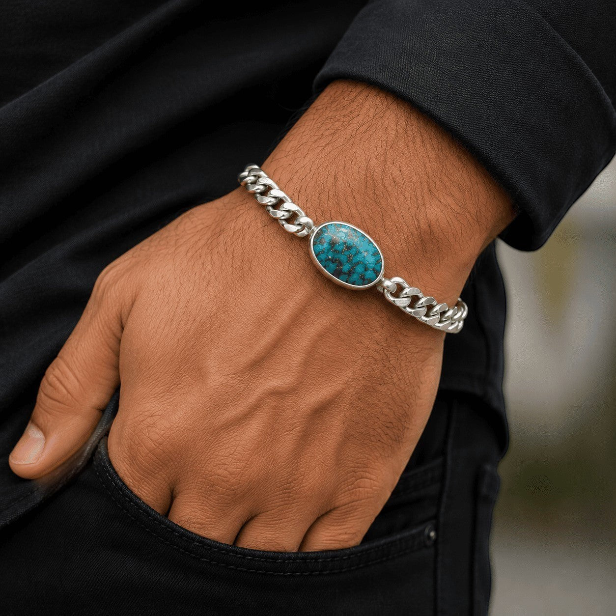 SilverStones.Pk men's 925 sterling silver chain bracelet featuring a natural oval Shajri Feroza turquoise gemstone.