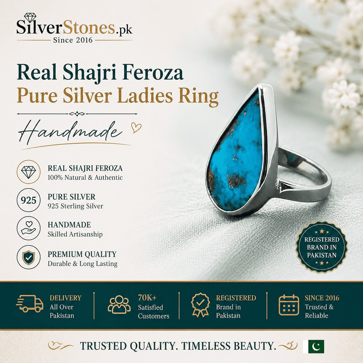 SilverStones.Pk handmade ladies ring featuring a teardrop-shaped natural Shajri Feroza gemstone set in 925 silver.