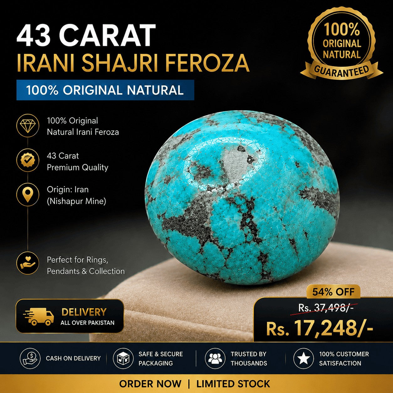 SilverStones.Pk 43 carat round Shajri Hussaini Feroza turquoise stone with natural black vein patterns.