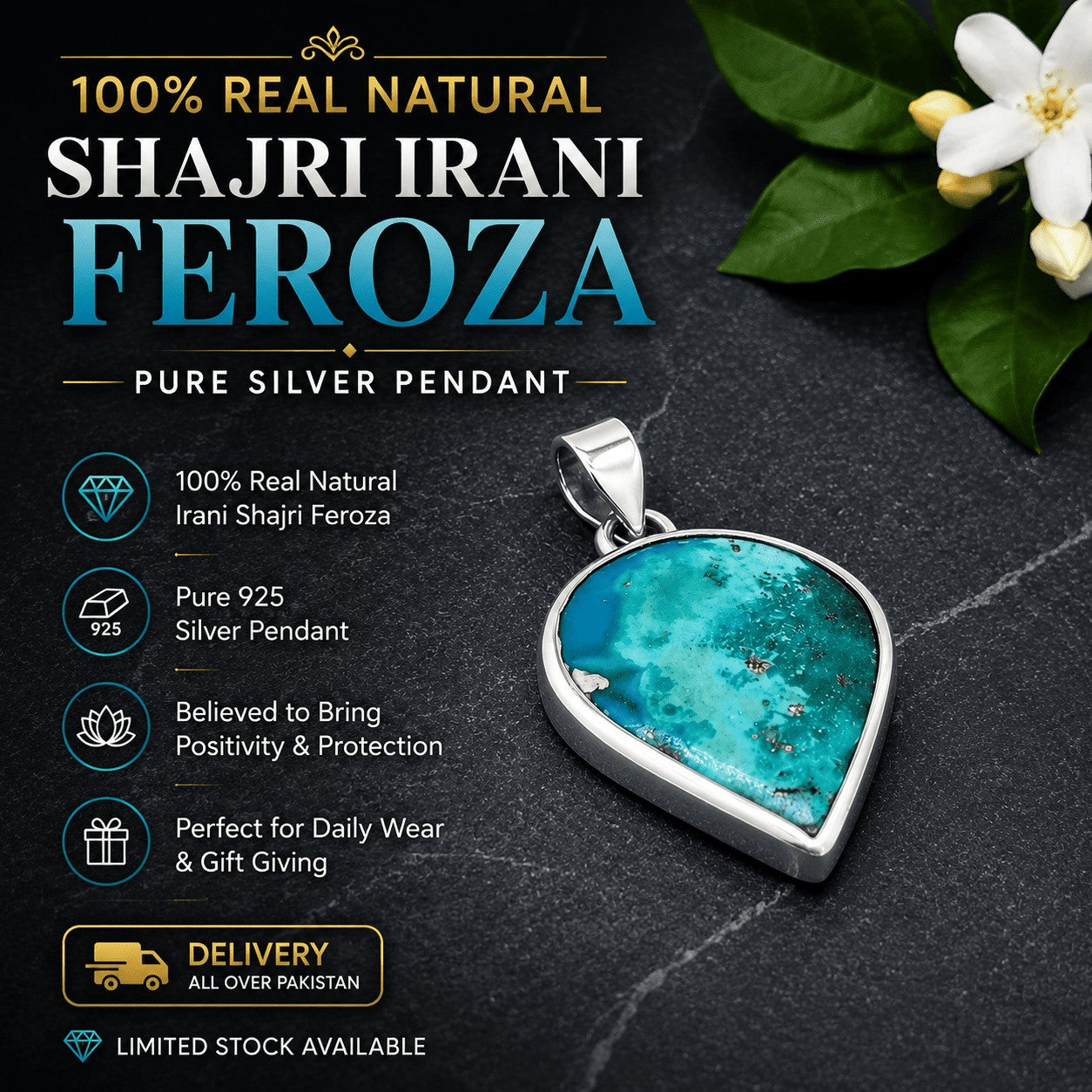 SilverStones.Pk handmade teardrop pendant featuring a natural Shajri Irani Feroza gemstone set in pure silver.