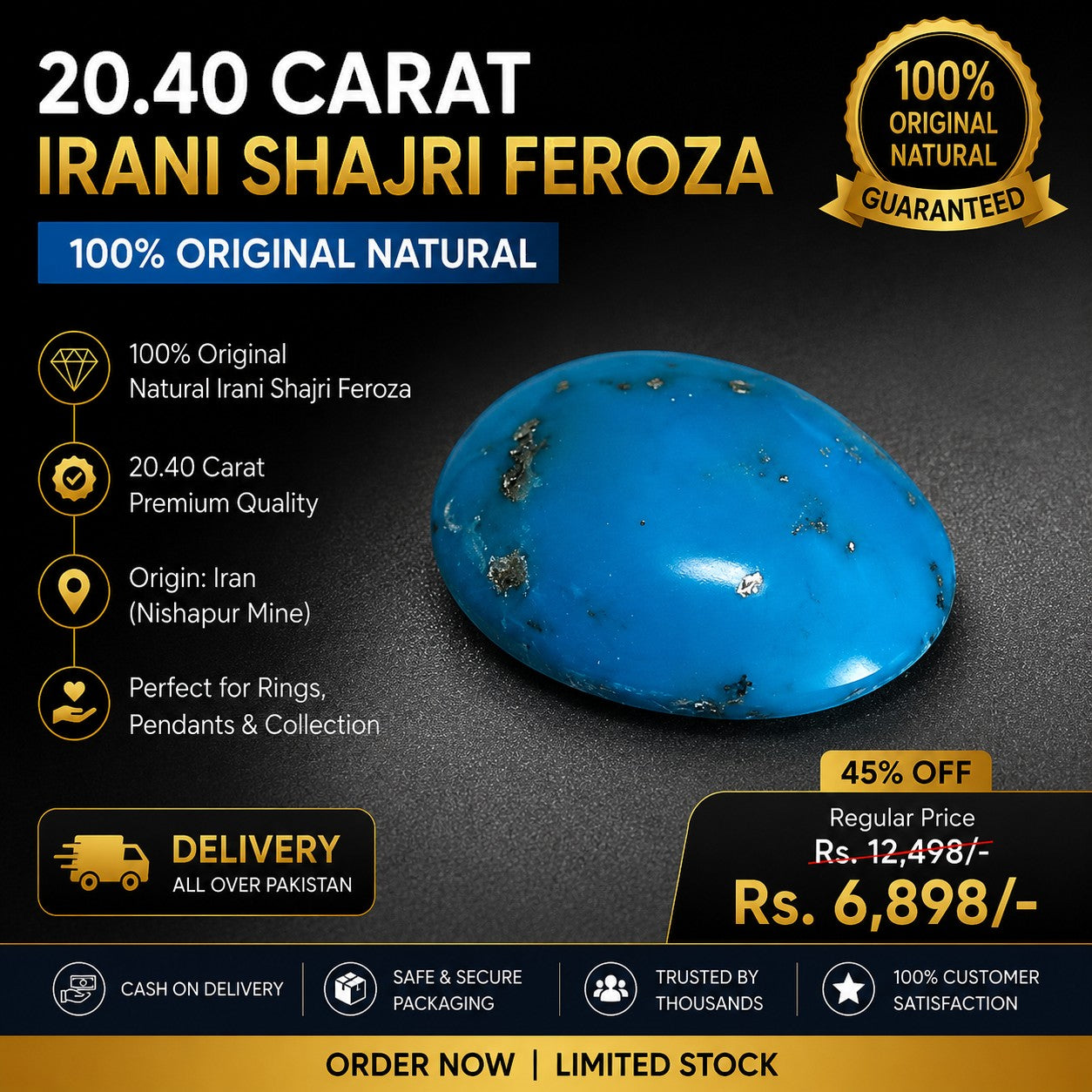 SilverStones.Pk 20.40 carat oval Shajri Irani Feroza turquoise gemstone with natural veining and antique charm.