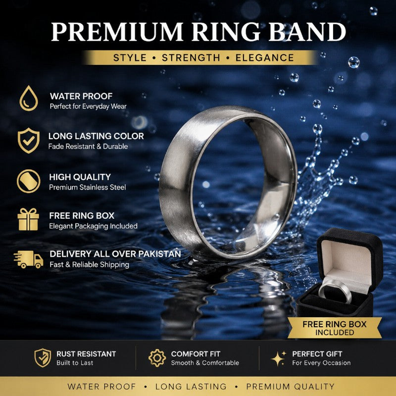 SilverStones.Pk premium stainless steel ring band with a brushed finish, displayed with water splash and gift box.