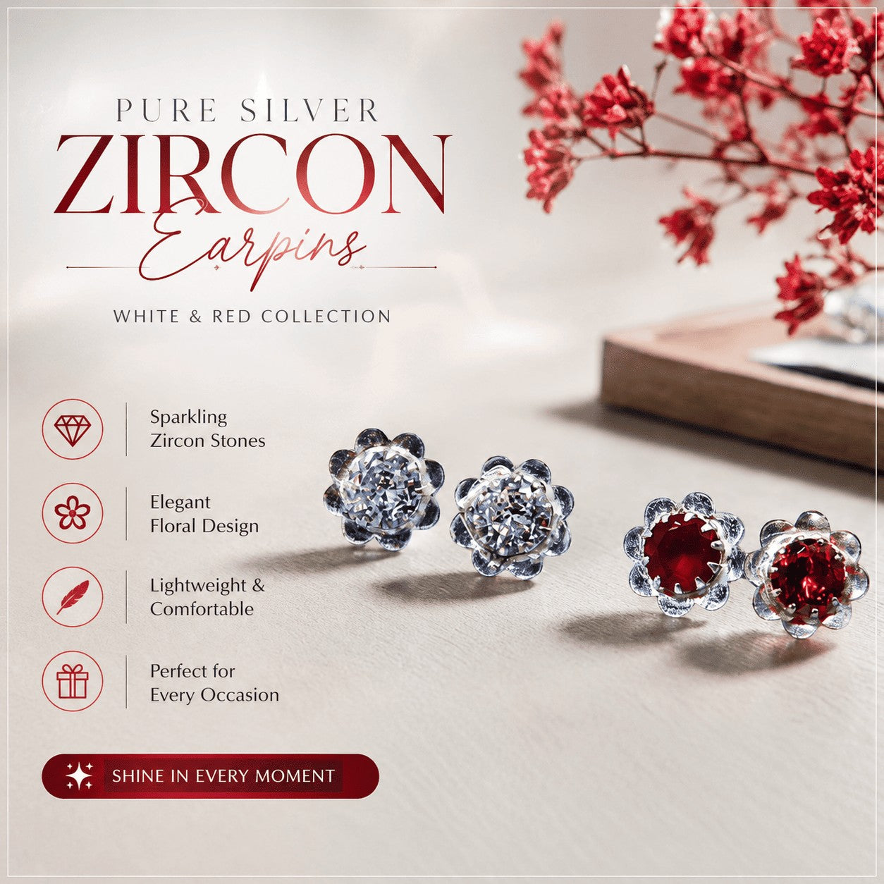 SilverStones.Pk floral ear pins featuring sparkling white and red zircon stones in hypoallergenic silver settings.