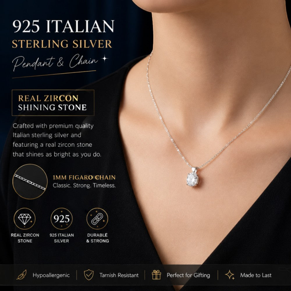 SilverStones.Pk 925 Italian sterling silver oval white zircon pendant on a 1mm Figaro chain, 22 inches.