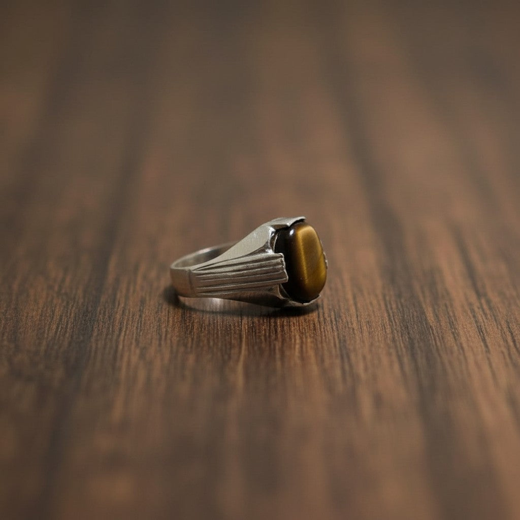 SilverStones.Pk men's sterling silver ring with oval tiger's eye gemstone and textured band.