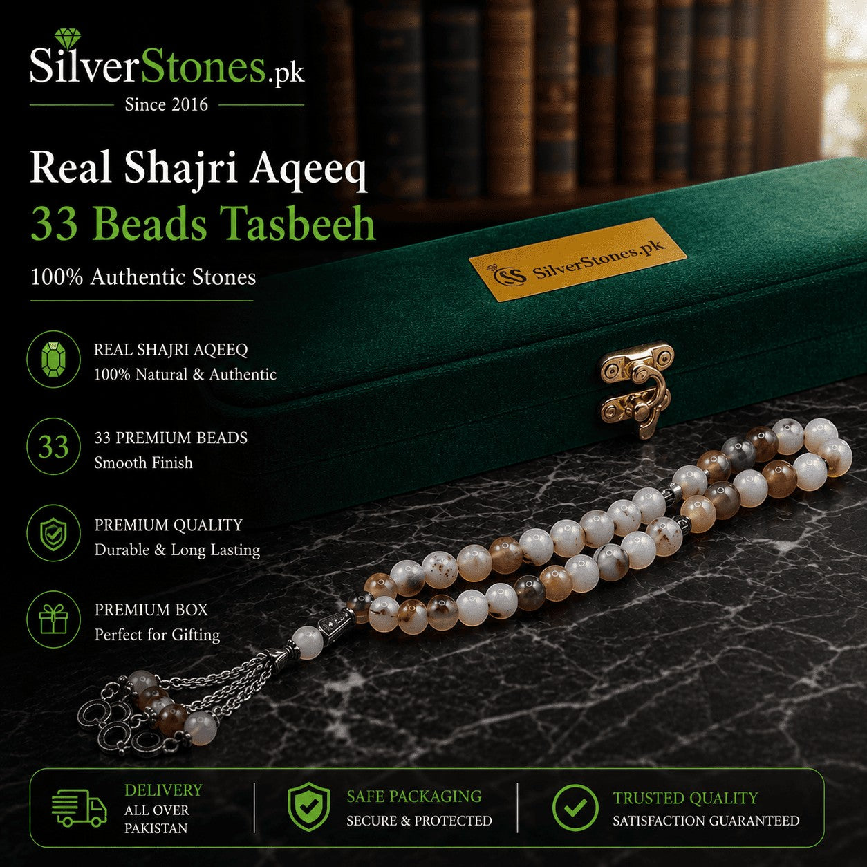 SilverStones.Pk 33-bead Shajri Aqeeq prayer tasbeeh with natural dendritic agate stones in a premium green velvet box.