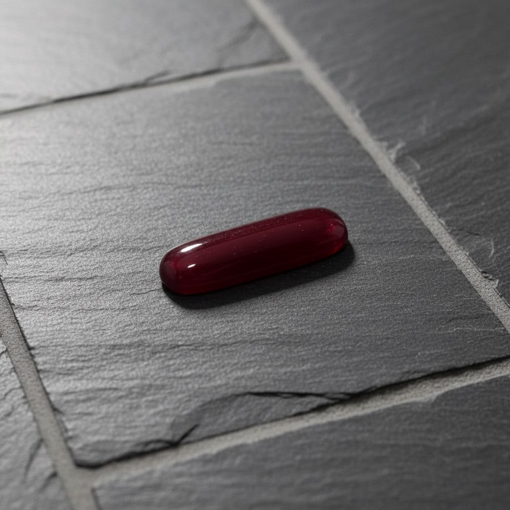 SilverStones.Pk elongated oval ruby-red cabochon gemstone for jewelry making, smooth polished surface.